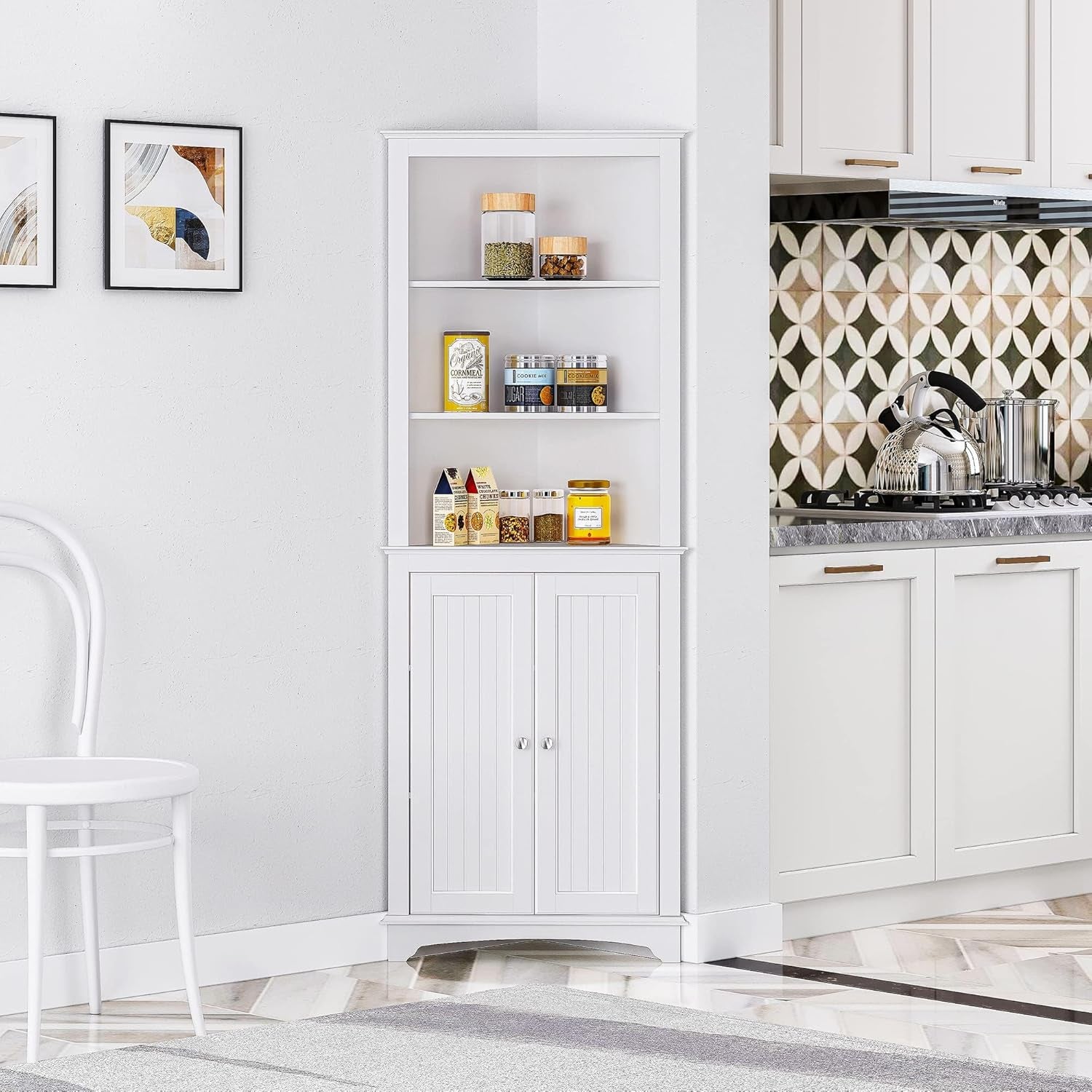 Freestanding Tall Corner Cabinet with Doors and Shelves for Bathroom, Kitchen, and Living Room in White