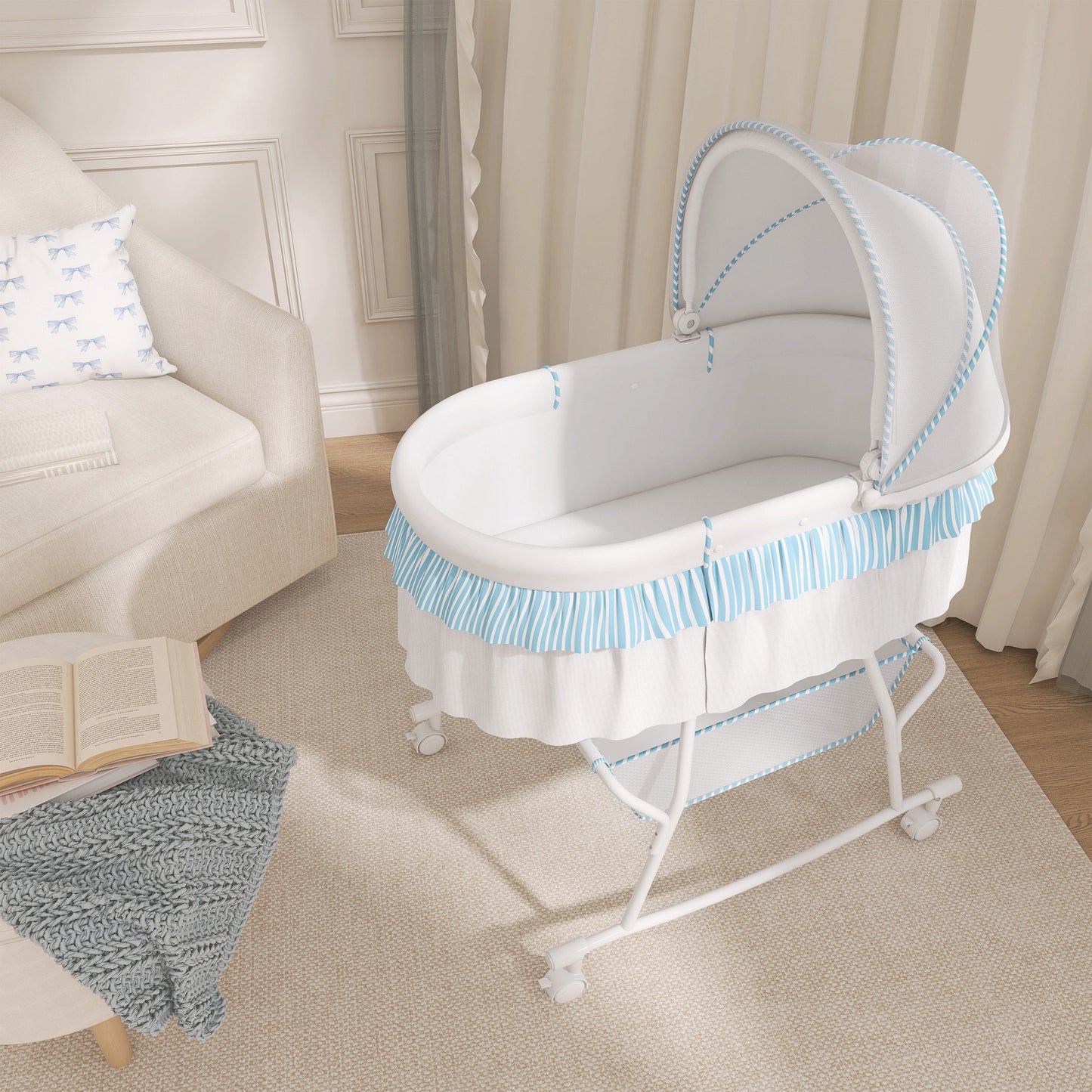 Lacy Lightweight Dual-Function Portable Bassinet and Cradle in Blue and White