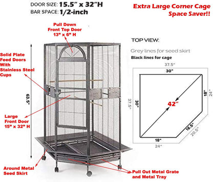 64" Extra Large Corner Flight Bird Parrot Cage for Cockatiel Parakeet Budgies Parrot with around Metal Seed Skirts, Tight 1/2-Inch Bar Spacing (Blackvein)