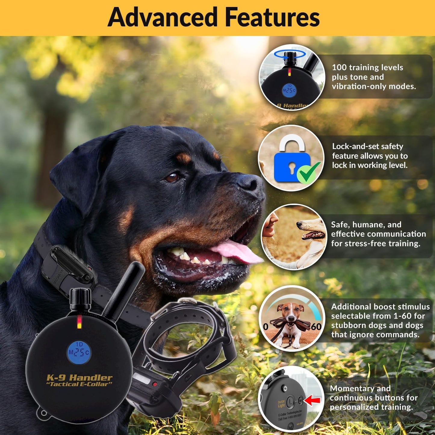 K9 Tactical Dog Handler with Remote, 100 Levels Humane Stimulation, Pavlovian Tone, Waterproof, Odorproof Biothane Bungee Collar, Night Light, Rechargeable, 3/4 Mile 1 Dog, 33" Collar, Black