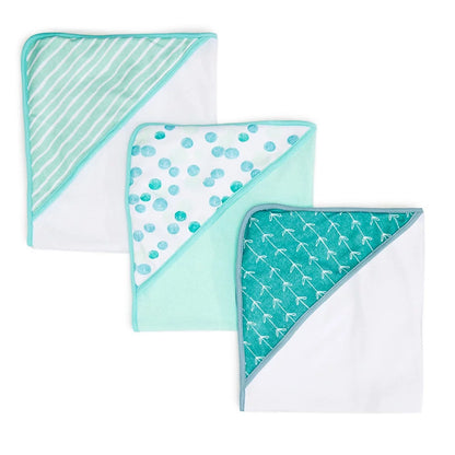 Newborn Baby Hooded Towel Set - Soft Terry Bath Towels for Infants, Set of 3 in Green Dots