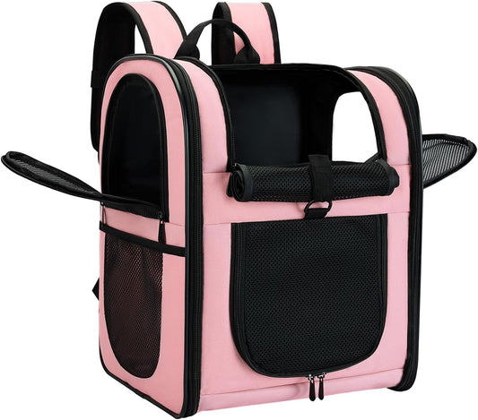 Dog & Cat Carrier Backpack for 4-18Lb Pets - Ventilated Safe Design with Padded Back Support, Breathable Mesh Pet Backpack for Hiking, Travel, Outdoor (Pink)