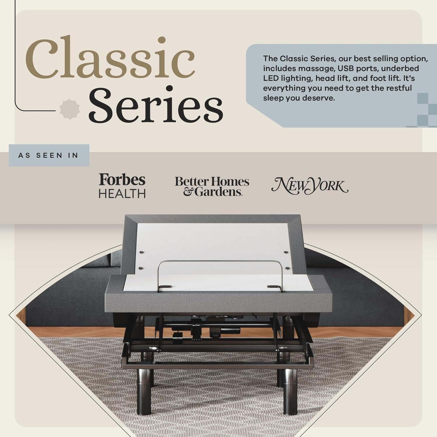 Classic Adjustable Bed Base, Head and Foot Lift, Massage, Under-Bed Lights, USB, Memory, Zero Gravity Smart Frame - Twin XL