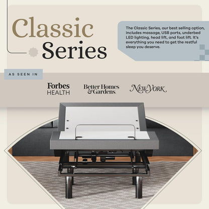 Classic Adjustable Bed Base, Head and Foot Lift, Massage, Under-Bed Lights, USB, Memory, Zero Gravity Smart Frame - Twin XL