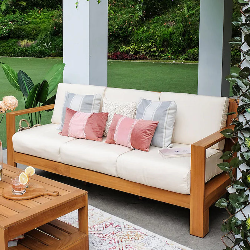 Logan Outdoor Sofa with Tan Cushions and Teak Frame