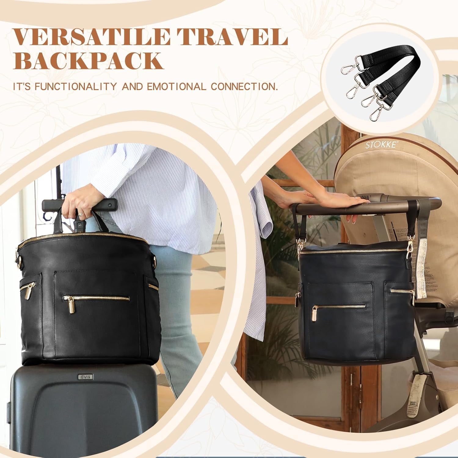 Premium Leather Diaper Backpack with 16 Pockets, Changing Pad, Stroller Straps, and Insulated Compartments - Convertible Design in Black