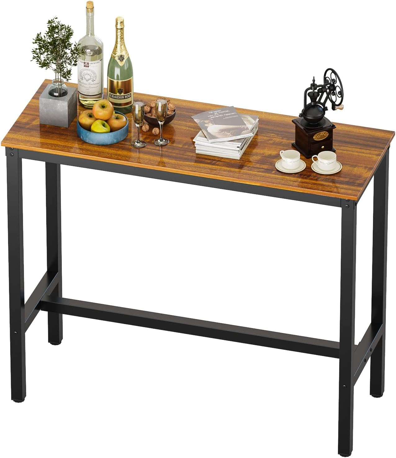 Rectangular Bar Height Pub Table with Sturdy Metal Frame, 47.24" Teak Finish for Kitchen, Dining, and Living Room