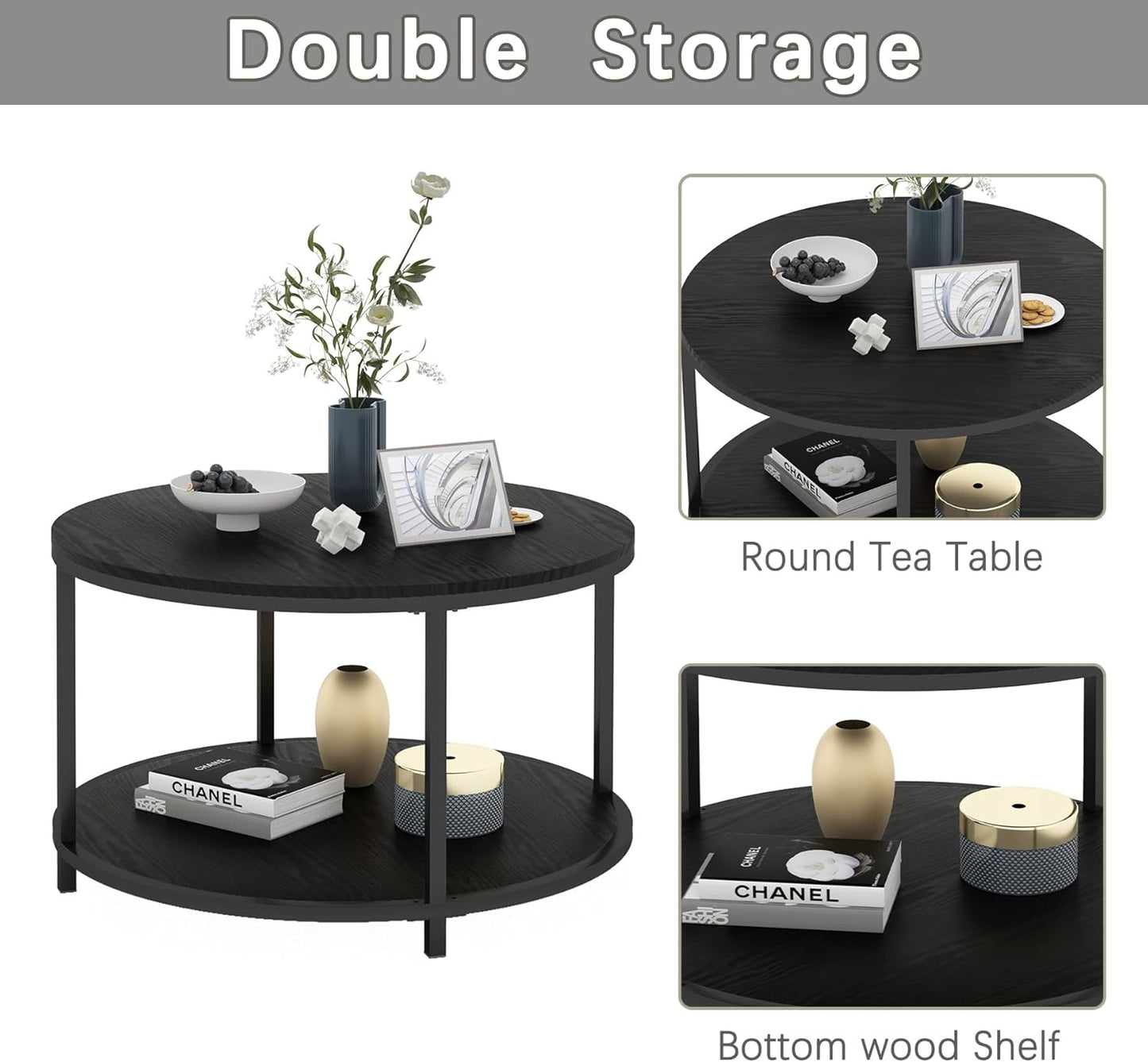 Round Coffee Table - 25.6" Small Rustic Wood Design with 2-Tier Storage Shelf for Living Room Furniture (Black)