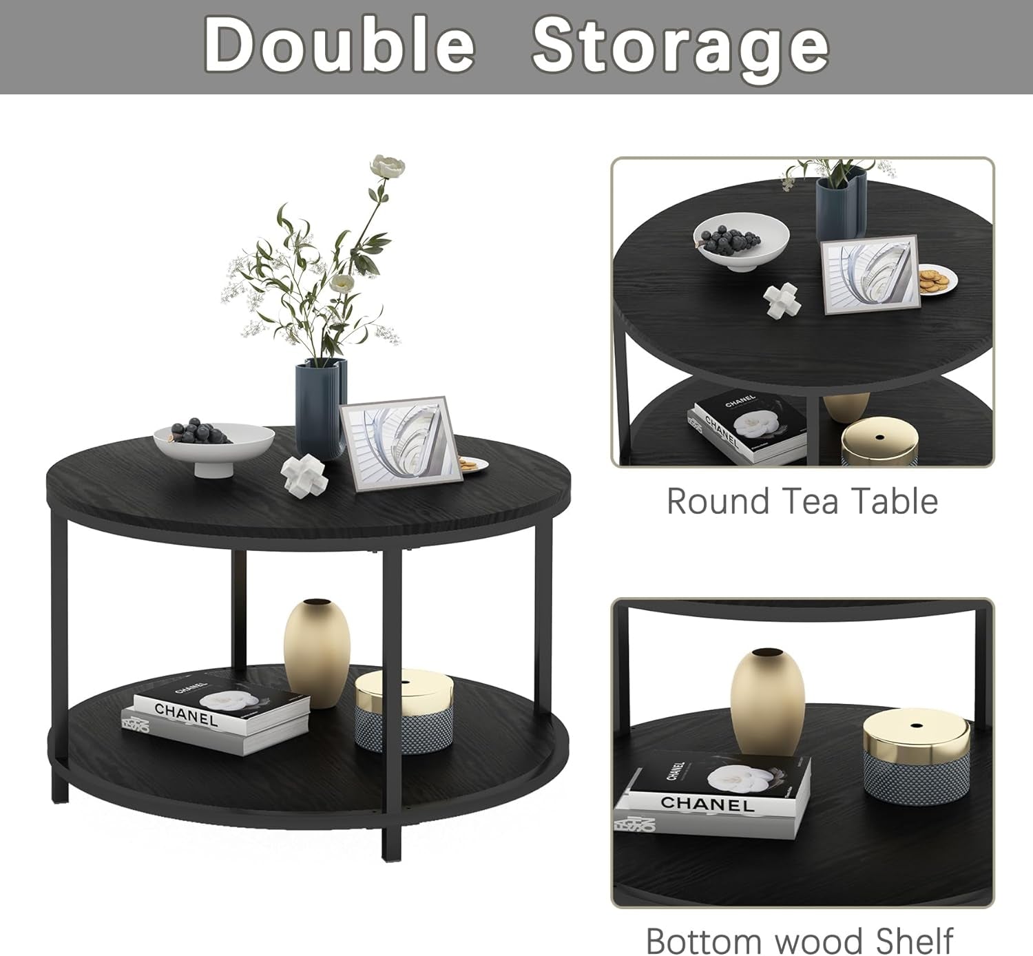 Round Coffee Table - 25.6" Small Rustic Wood Design with 2-Tier Storage Shelf for Living Room Furniture (Black)