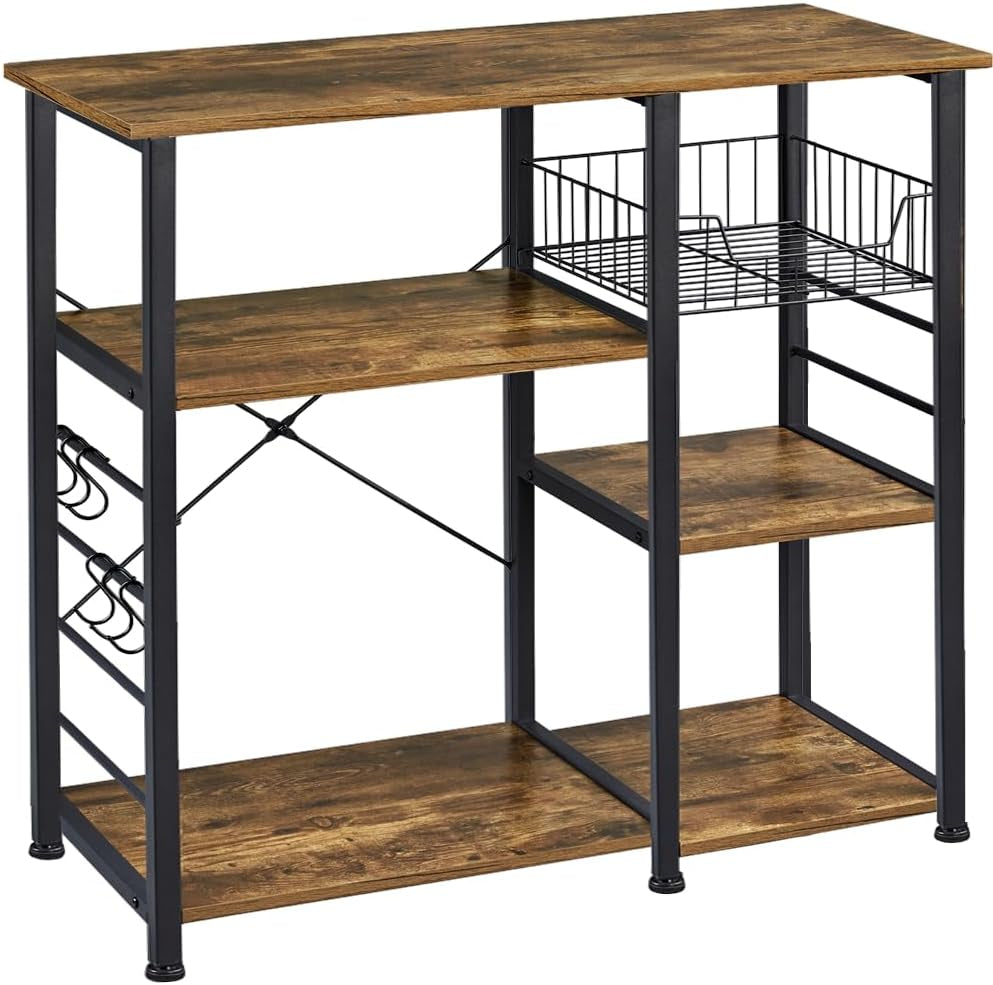 4-Tier Rustic Brown Kitchen Baker's Rack and Coffee Bar with Microwave Stand, Wire Basket, and 6 Side Hooks for Organized Storage of Spices and Utensils
