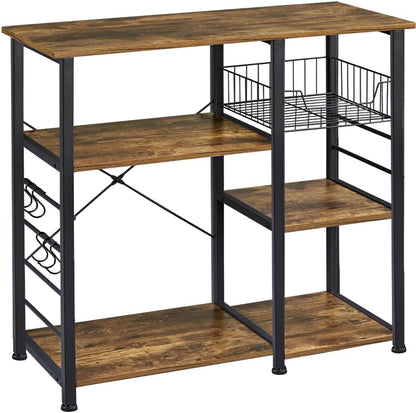 4-Tier Rustic Brown Kitchen Baker's Rack and Coffee Bar with Microwave Stand, Wire Basket, and 6 Side Hooks for Organized Storage of Spices and Utensils