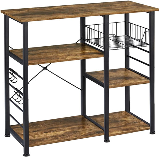 4-Tier Rustic Brown Kitchen Baker's Rack and Coffee Bar with Microwave Stand, Wire Basket, and 6 Side Hooks for Organized Storage of Spices and Utensils