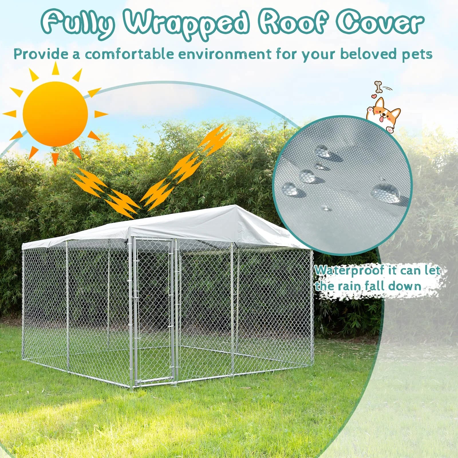 Large Outdoor Dog Kennel, Heavy Duty Dog House Playpen Galvanized Steel Pet Fence with Fully Enclosed Waterproof Uv-Resistant Cover, Stainless Steel Zip Ties and Secure Lock