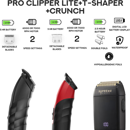 3-In-1 Barber Bundle | 2Spee Clipper, 2Spee Trimmer & Crunch Foil Shaver | Professional Beard Trimmer Men’S Hair Clipper Kit | Black