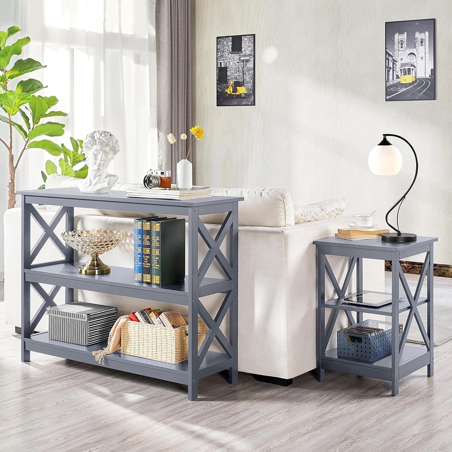 Gray Console Table with Three Storage Shelves - Slim Entryway and Sofa Side Table for Hallway and Living Room Accent Furniture