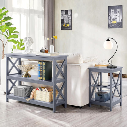 Gray Console Table with Three Storage Shelves - Slim Entryway and Sofa Side Table for Hallway and Living Room Accent Furniture