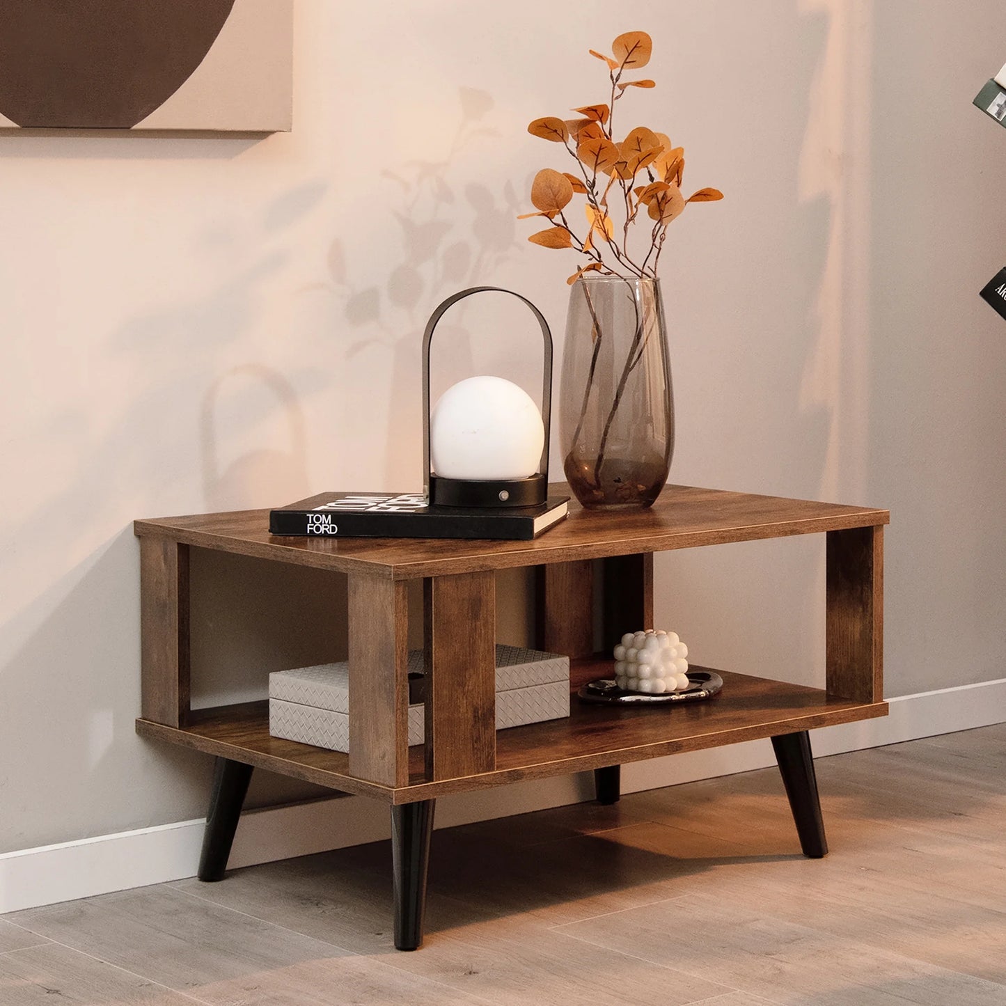 Mid-Century Retro Coffee Table with Open Shelf Storage for Living Room