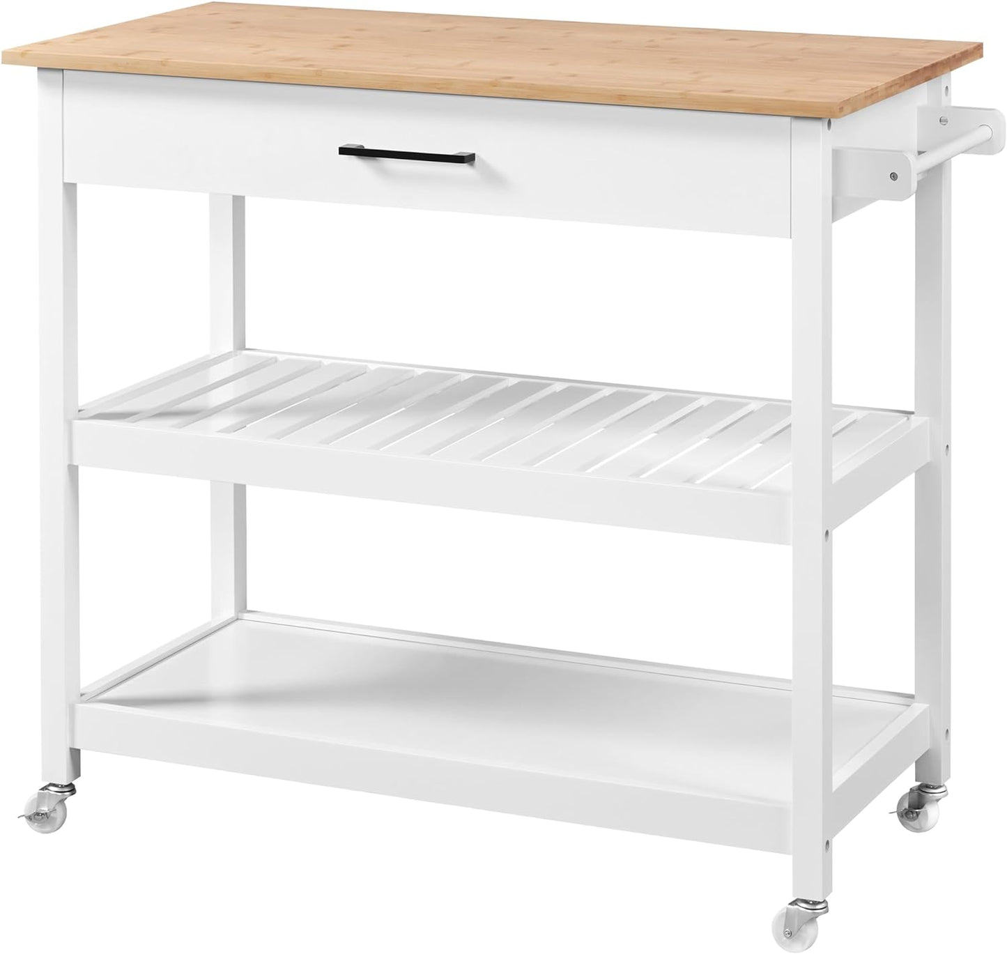 40-Inch Wide Rolling Kitchen Island Cart with Solid Wood Top, Drawer, and 2 Spacious Storage Shelves - Versatile Utility Trolley for Dining Room, White