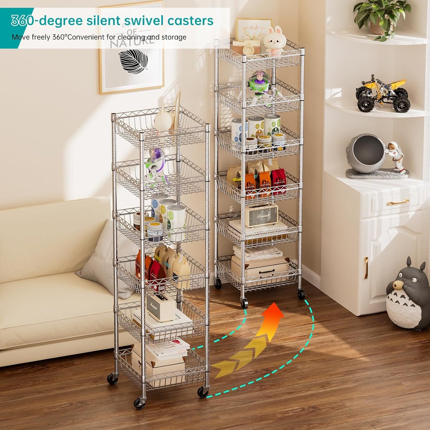 Adjustable Metal Wire Shelving Unit with Wheels for Kitchen, Laundry, and Pantry Organization - 13.5" D x 13.5" W x 63" H - Silver Finish