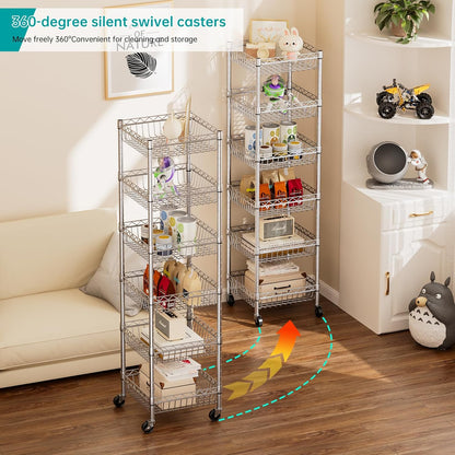 Adjustable Metal Wire Shelving Unit with Wheels for Kitchen, Laundry, and Pantry Organization - 13.5" D x 13.5" W x 63" H - Silver Finish