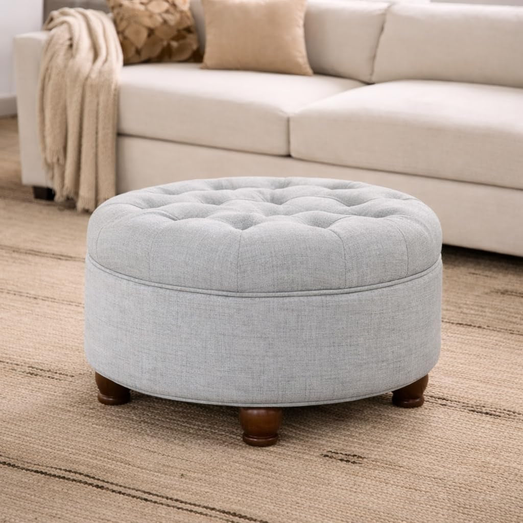 Button-Tufted Round Woven Storage Ottoman in Light Blue for Living Room and Bedroom
