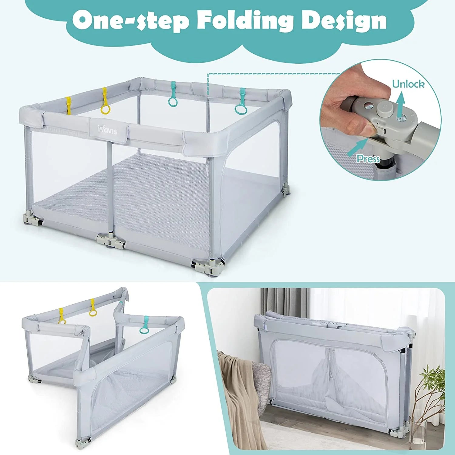 Large Foldable Baby Playpen, 50x50 Playard for Toddlers with Gate, Soft Mesh Design, Indoor/Outdoor Activity Center with 4 Handles and 50 Ocean Balls (Gray)