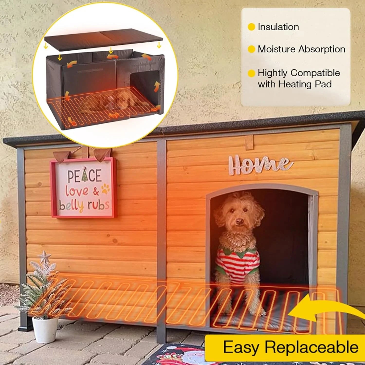 Extra Large Heated Dog House Outdoor Wooden Dog Kennel 59" Insulated with Heater All-Around Iron Frame
