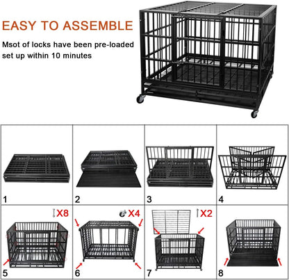 42 Inch Heavy Duty Dog Crate Cage with Wheels for Indoor, Large Dog Kennel with Removable Tray