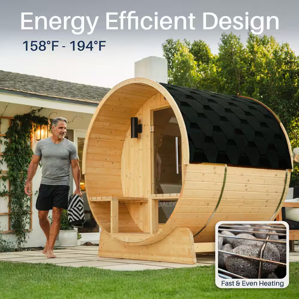 Finland Pine Wet/Dry Barrel Sauna for 3-5 Persons with Front Porch Canopy and 4.5 kW ETL Certified Bitumen Shingle Roof