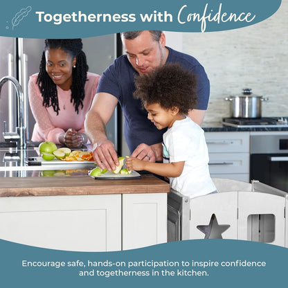 Classic Kitchen Helper® Toddler Tower - Gray: Folding and Adjustable Learning Step Stool with Chalkboard | Montessori Collapsible Safety Non-Slip Platform