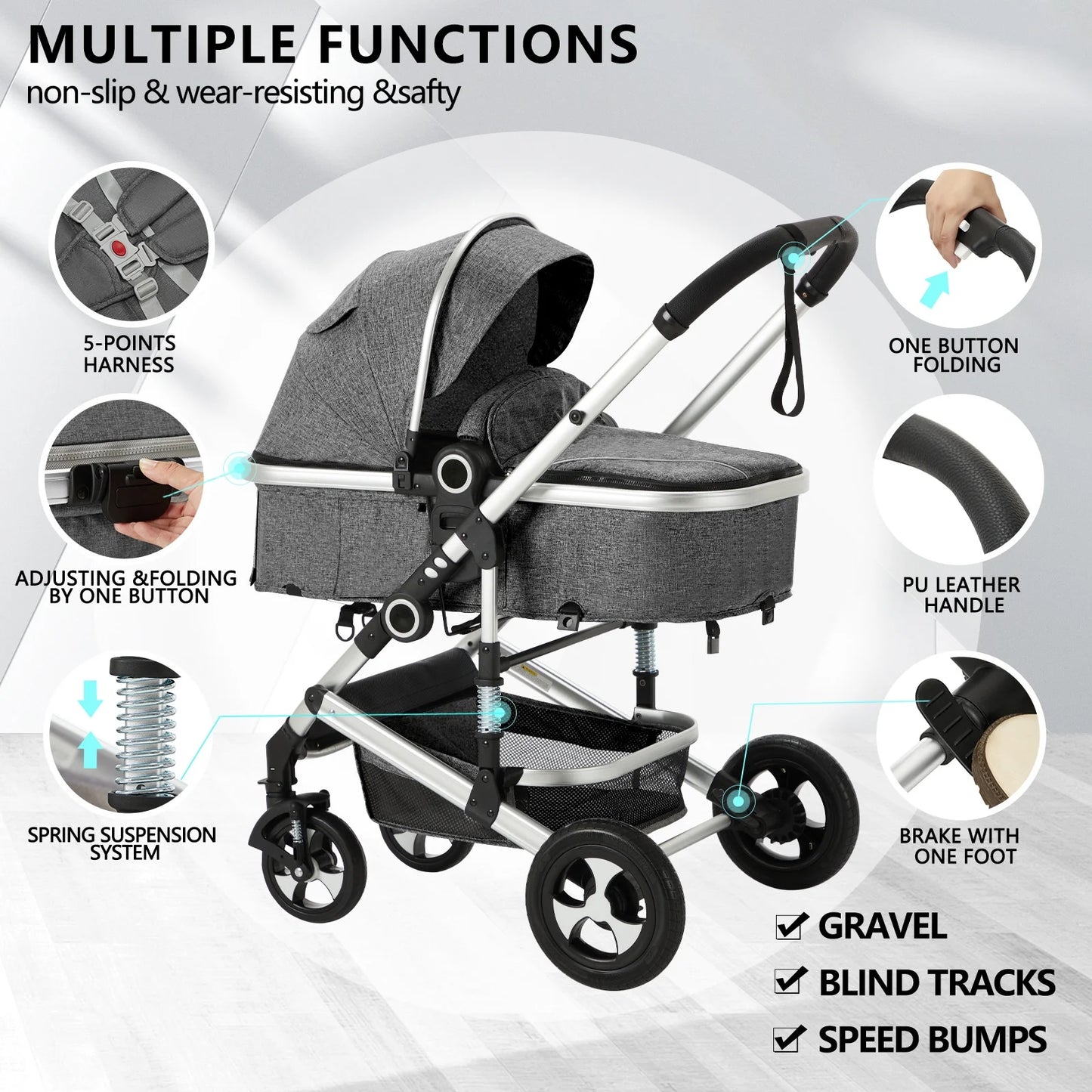 Convertible 3-in-1 Baby Stroller with Spacious Seating and Adjustable Canopy, 24 lbs, Dark Grey