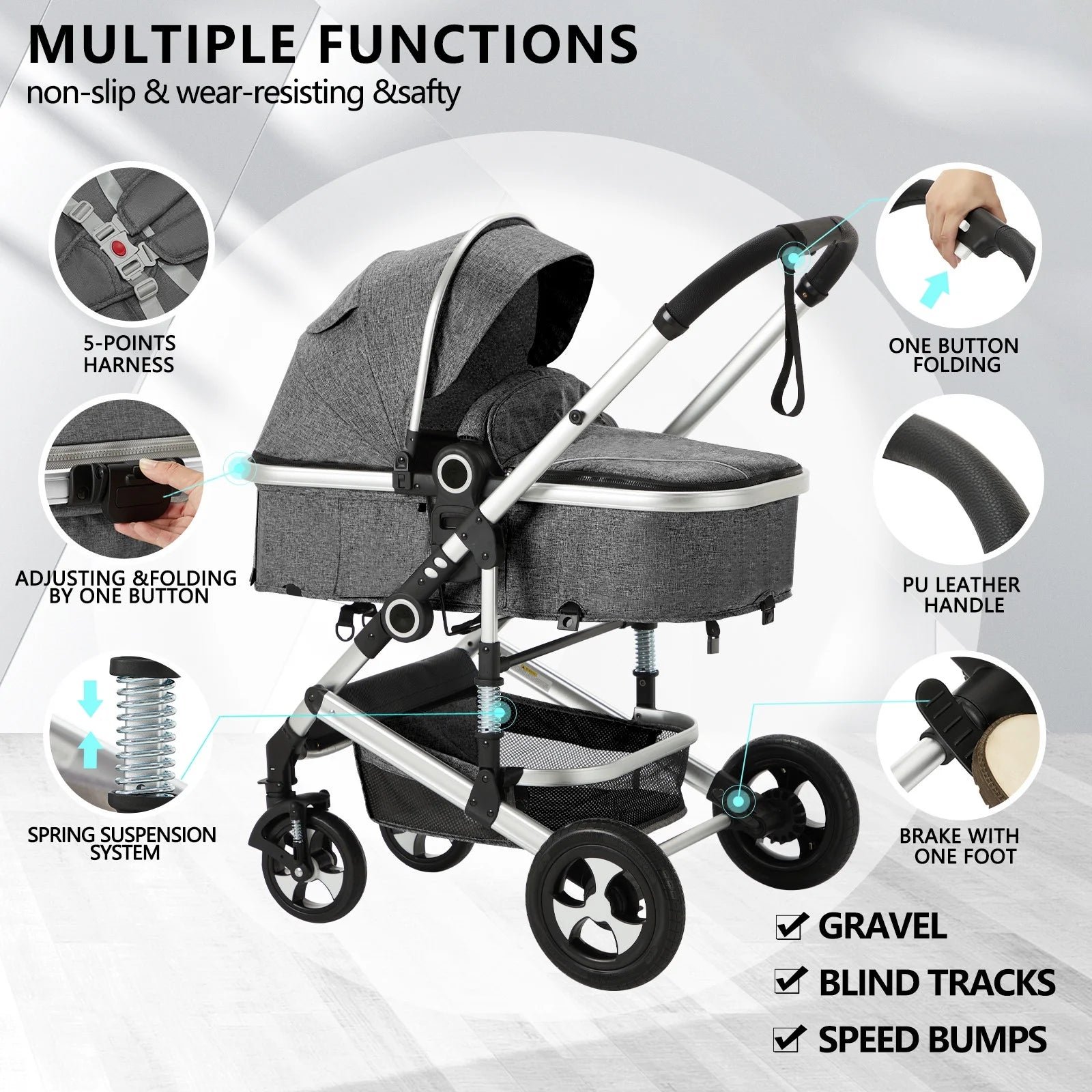 Convertible 3-in-1 Baby Stroller with Spacious Seating and Adjustable Canopy, 24 lbs, Dark Grey
