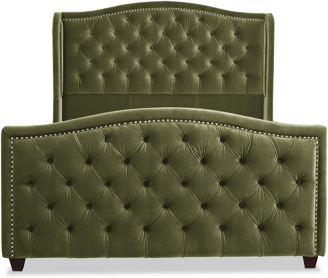 Marcella Queen Upholstered Shelter Headboard Bed Set in Olive Green Performance Velvet