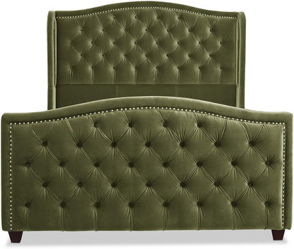 Marcella Queen Upholstered Shelter Headboard Bed Set in Olive Green Performance Velvet