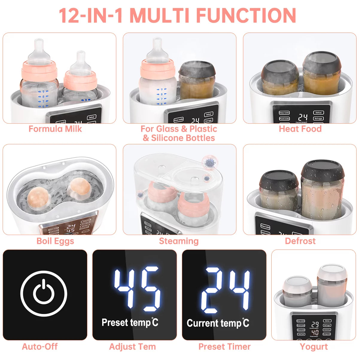 12-in-1 Dual Baby Bottle Warmer and Food Heater with LCD Display, Timer, and 24-Hour Temperature Control for Breastmilk and Formula, BPA-Free, Ideal for Twins
