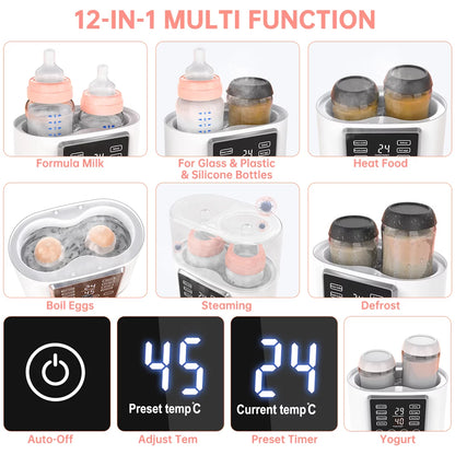 12-in-1 Dual Baby Bottle Warmer and Food Heater with LCD Display, Timer, and 24-Hour Temperature Control for Breastmilk and Formula, BPA-Free, Ideal for Twins