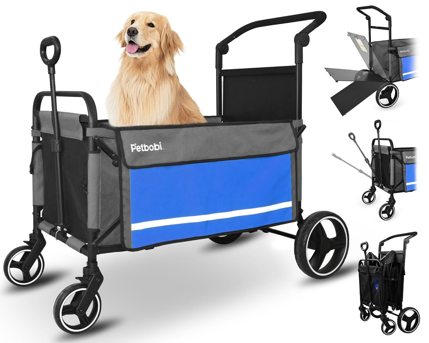 Dog Wagon Stroller for Large & Medium Dogs - 2-In-1 Push-Pull Pet Stroller with Ramp, Foldable All Terrain Wagon Cart, One-Step Brake, Suitable for Outdoor Walks & Camping, Blue