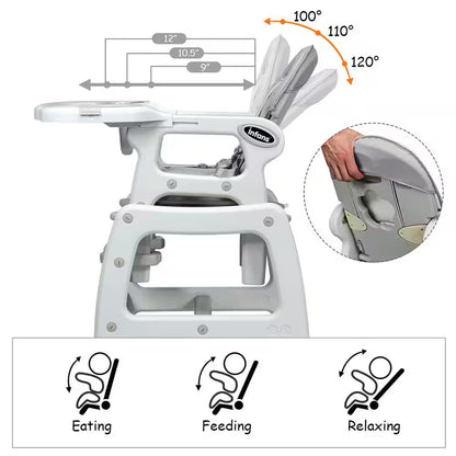 Adjustable 3-in-1 Grey Plastic Baby High Chair with Detachable Trays