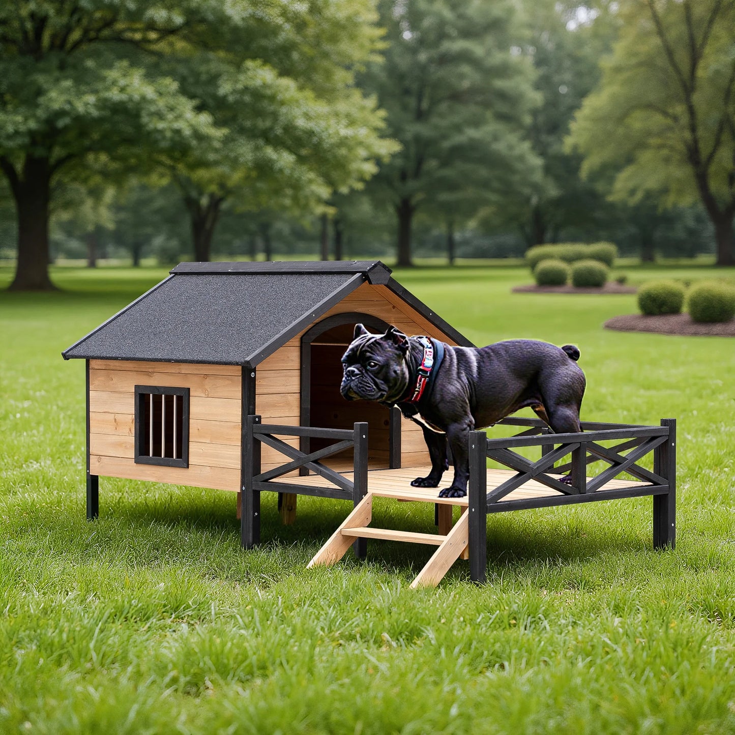66" Outdoor Dog House, Large Wooden Dog Kennel with Porch, Cabin House Style Pet Houses for Cats, Brown