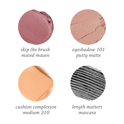 Everyday Easy 4 Piece Kit with Eyeshadow 101 in Putty Matte, Length Matters Lengthening Mascara, Skip the Brush Cream to Powder Blush in Muted Mauve, & Cushion Complexion Concealer in Medium