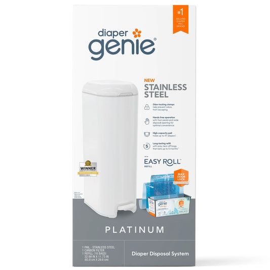Platinum White Stainless Steel Diaper Disposal System with 18 Roll Bags for Infants