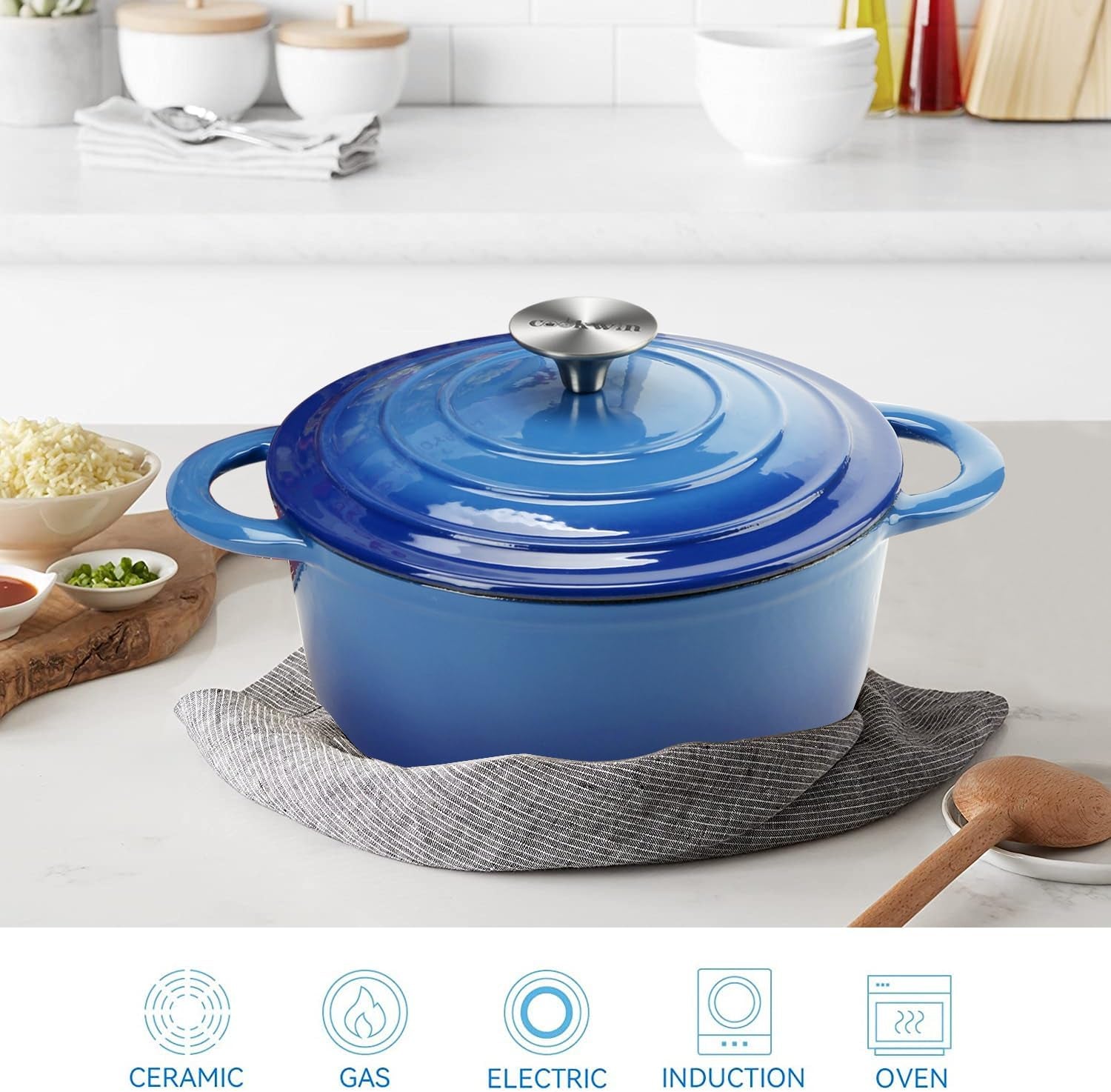 Enameled Cast Iron Dutch Oven with Lid, 3 Quart Heavy Duty Cookware Pot with Dual Handles for Bread Baking, Braising, Stews, Roasting and Oven Safe, Blue