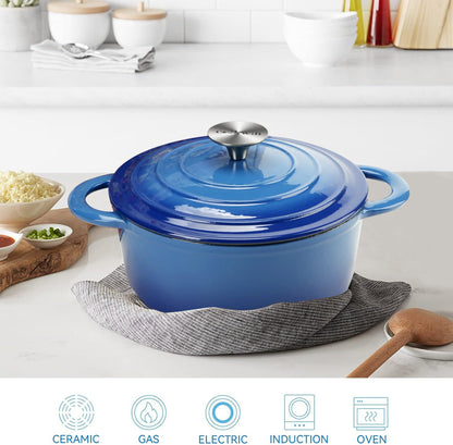 Enameled Cast Iron Dutch Oven with Lid, 3 Quart Heavy Duty Cookware Pot with Dual Handles for Bread Baking, Braising, Stews, Roasting and Oven Safe, Blue