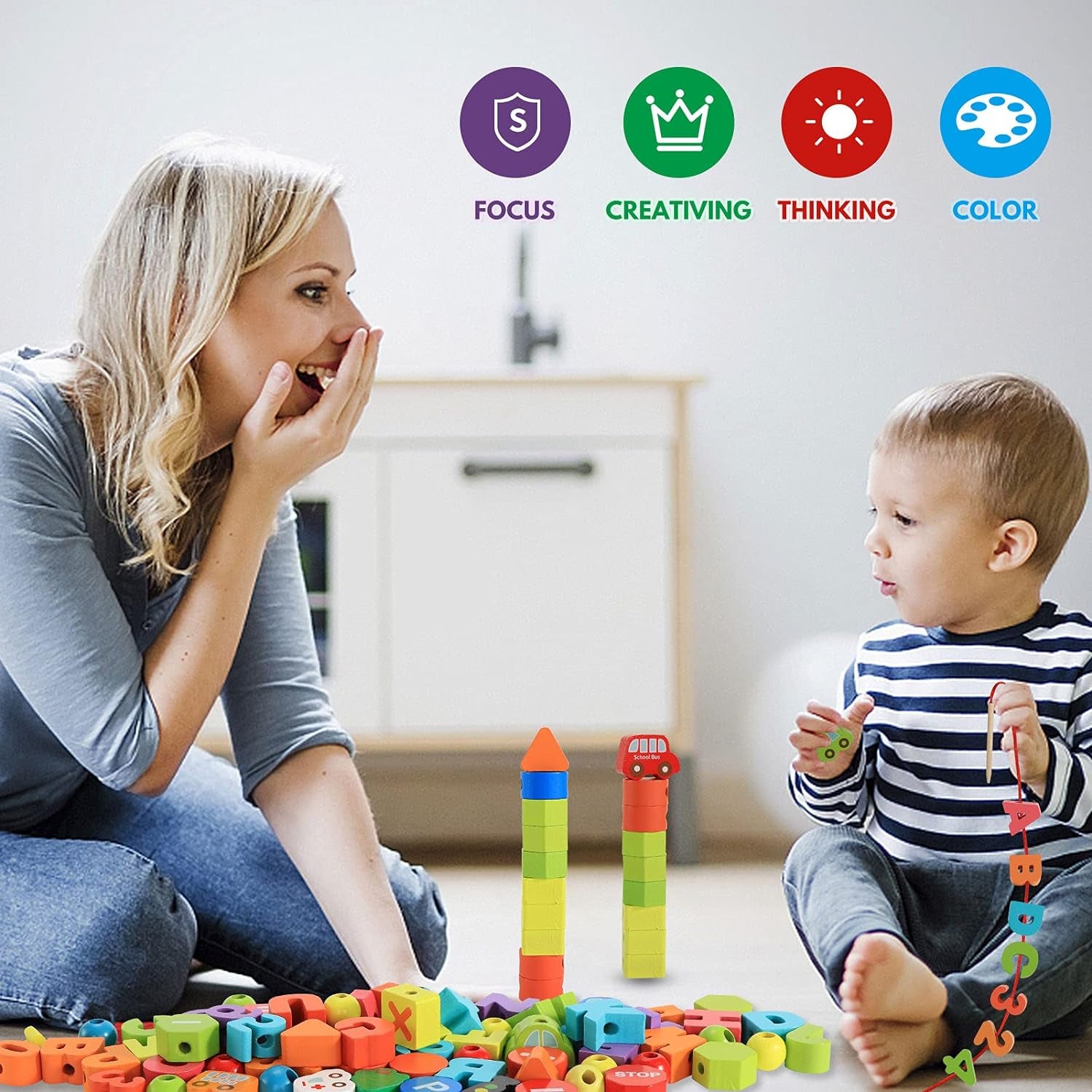 Wooden Alphabet and Number Lacing Beads - Montessori Educational Toy for Ages 3-6, Ideal Birthday Gift for Boys and Girls