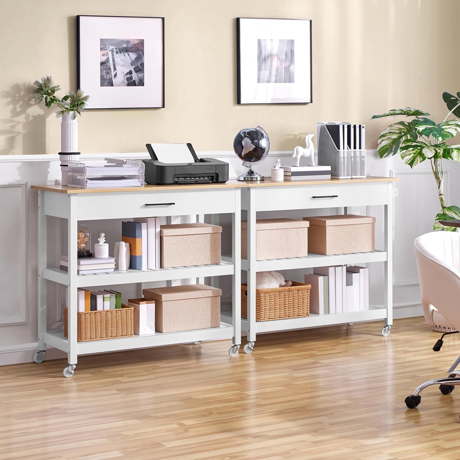 40-Inch Wide Rolling Kitchen Island Cart with Solid Wood Top, Drawer, and 2 Spacious Storage Shelves - Versatile Utility Trolley for Dining Room, White