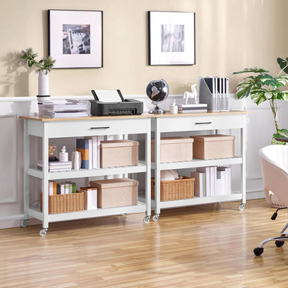 40-Inch Wide Rolling Kitchen Island Cart with Solid Wood Top, Drawer, and 2 Spacious Storage Shelves - Versatile Utility Trolley for Dining Room, White