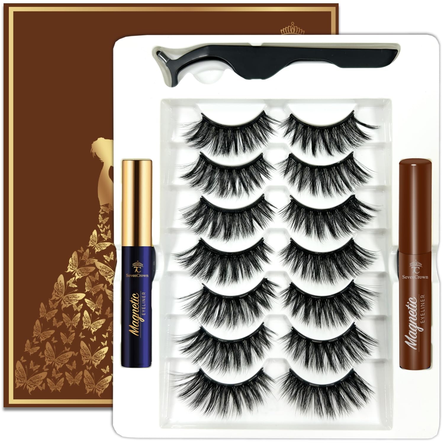 Magnetic Eyelashes Cat-Eye Full Volume Magnetic Lashes,Reusable Easy Fake Eye Lash, 2 Tuble Strongest Waterproof Liquid Liner Brown.Vegan & Cruelty Free（1 Black+1Brown)