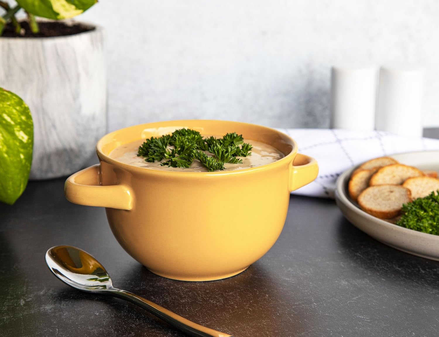 French Onion Soup Bowls, Crocks, Oven Safe Bowls, Soup Mugs, Ceramic Bowls, Dishwasher, Microwave, Set of 4, 18 Oz (Yellow)