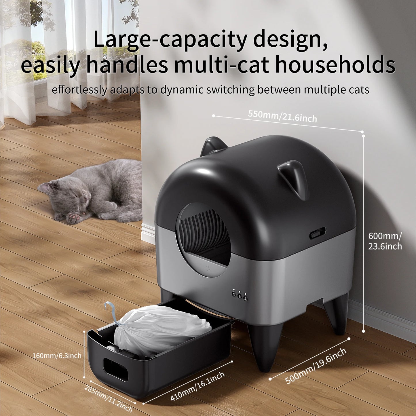 Self Cleaning Cat Litter Box, Automatic Smart Litter Box for Multiple Cats with 10 Safety Sensor Radars, 110L Electric Cat Box with App-Control, Odor Control, Quiet Operation, Black