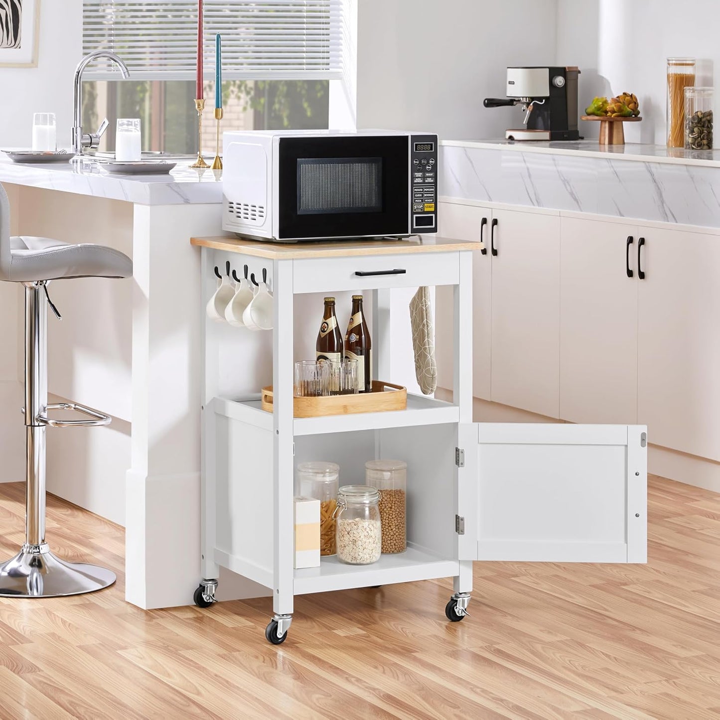 Rolling Kitchen Island Cart with Storage and Drawer, Features Wood Top and 6 Side Hooks, White Finish